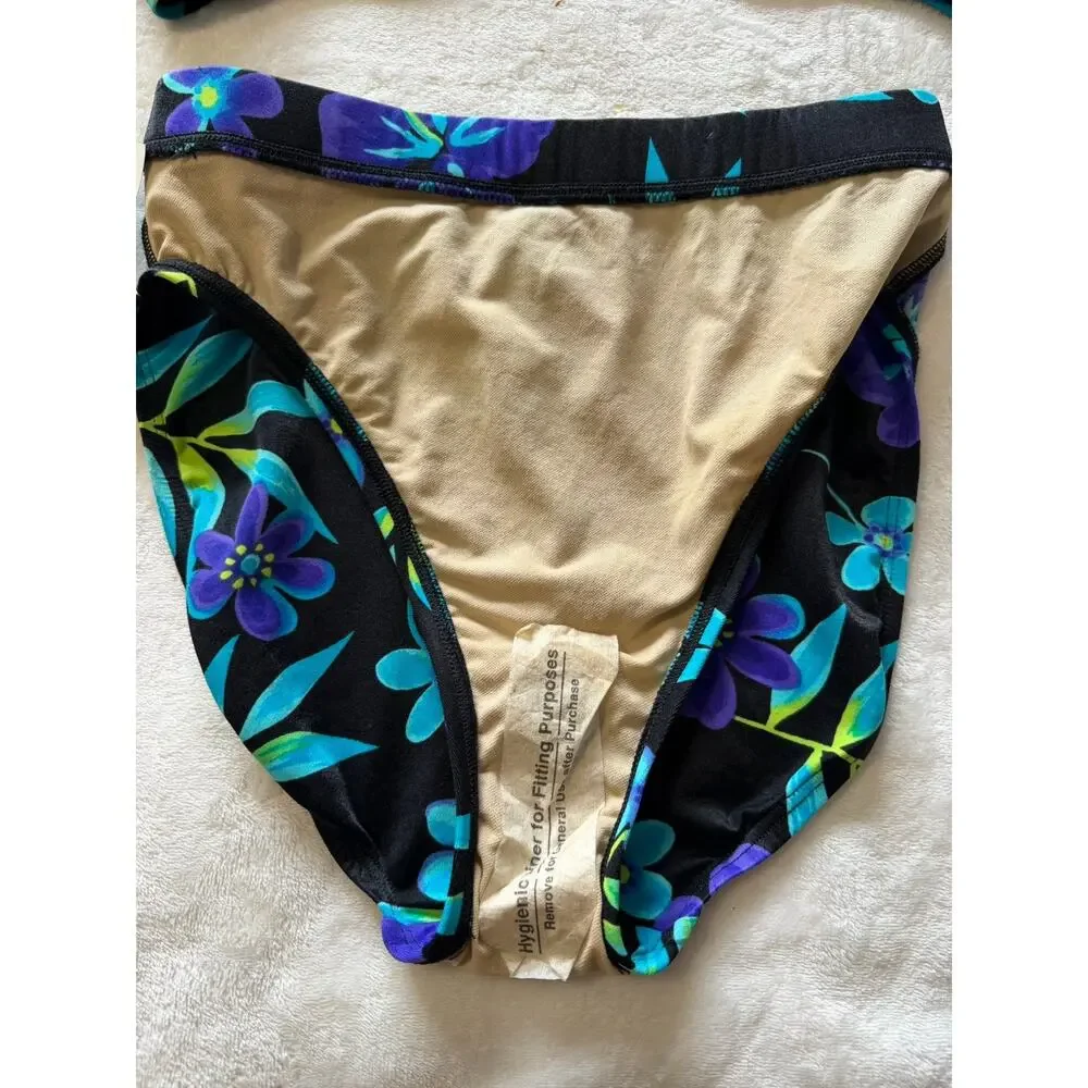 VTG NWT Catalina Floral Bikini Set Black Blue Tropical High Waist Size M/1X (XL)